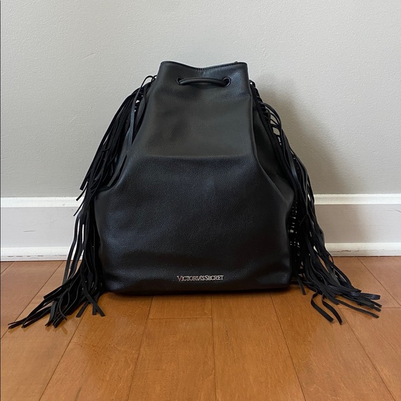 Victoria's Secret Handbags - Victoria Secret Black FAUX Leather Fringe Drawstring Backpack bag